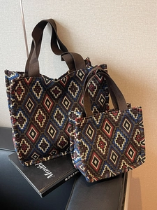 Bohemian geometric jacquard tote bag set with deep brown straps in a lifestyle scene