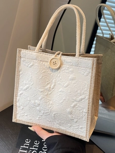 Ins-style linen handbag featuring vintage floral jacquard and woven rope handles