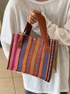 Women Ethnic Woven Tote Bag Retro Geometric Pattern Jacquard Handbag Bohemian Canvas Shoulder Bag Casual Travel Handbag
