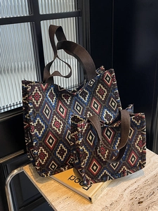 Vintage bohemian tote bag set with geometric diamond patterns and woven top handles