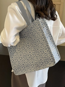 Sac fourre-tout en toile gris-bleu avec imprimés floraux blancs et grande capacité