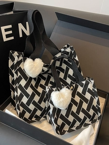 Canvas tote bag set with black and white geometric patterns and heart charm