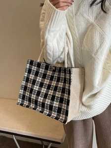 Minimalist black and white plaid woven tote bag with rope handles for women