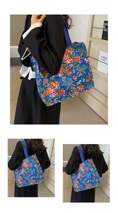Close-up of blue floral tote bag with high-capacity design and thick shoulder straps
