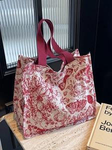 Large capacity canvas tote bag with red butterfly and flower prints for daily commuting