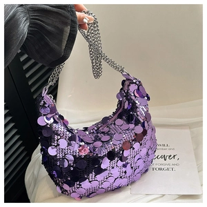 Stylish purple sequin hobo bag with silver chain handle and shimmering textured finish