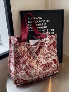 Retro canvas tote bag with burgundy butterfly and floral patterns for daily commuting