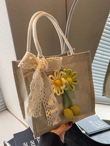 Sac à Main Femme en Coton et Lin Style Coréen Nœud en Dentelle Fleurs au Crochet Sac à Bandoulière Décontracté Littéraire