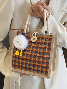 Fashionable plaid tweed handbag with jute trim and plush charm for women
