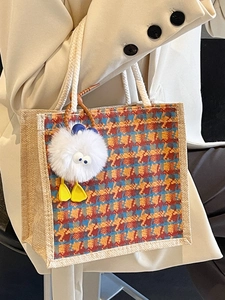Linen bento tote bag with houndstooth panel and cute duck plush charm accessory