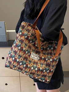Bohemian Geometric Diamond Pattern Woven Canvas Tote Bag Large Capacity Vintage Ethnic Style Shoulder Bag For Women