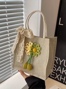 Sac à déjeuner en toile beige avec fleurs 3D et nœud en dentelle, élégant sac à main