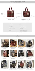 Detailed size chart for wool plaid tote bags in various colors and dimensions