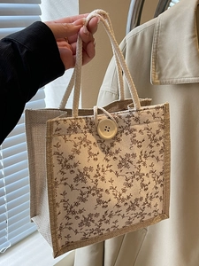 Borsa a Mano in Lino con Stampa Floreale Francese Borsa Tote Piccola in Stile Pastorale Vintage per Donna Borsa Bento Portatile in Stile Giapponese con Manico in Corda