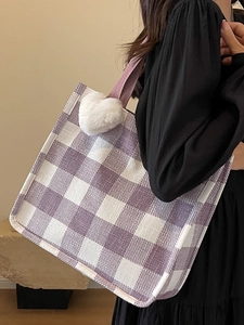 Women Fashion Gingham Canvas Tote Bag Large Capacity Checkered Shoulder Bag With Heart Plush Pendant Casual Commute Top Handle Bag