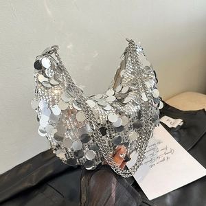 Sac à Épaule à Paillettes Mode Femme Sac Hobo Croissant Étincelant Avec Chaîne en Métal Sac sous le Bras de Soirée