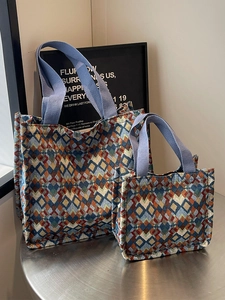 Bohemian Geometric Rhombus Jacquard PU Tote Bag For Women Large Capacity Retro Ethnic Style Shoulder Handbag Niche Fashion Bag