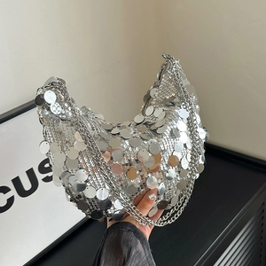 Sparkly Sequin Underarm Bag For Women Metallic Chain Hobo Shoulder Bag Fashion Evening Party Clutch Purse Handbag
