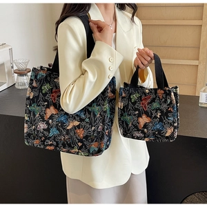 Detail of large and small butterfly jacquard tote bags showing size comparison and patterns