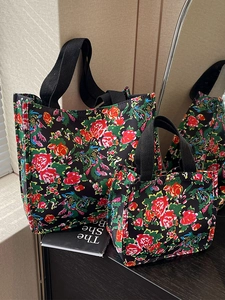 Ethnic Floral Print Oxford Cloth Tote Bag Large Capacity Vintage Peony Pattern Shoulder Handbag For Women Casual Travel Shopping Bag