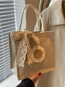 Japanese style beige linen lunch bag with lace bow and 3D daisy flower detail