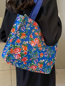 Ethnic style floral tote bag in royal blue with red peony patterns for women