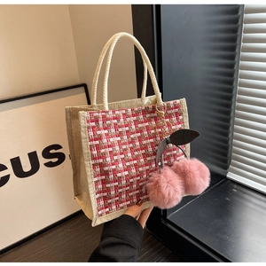 Linen bento tote bag with tweed pattern and pink cherry plush pendant detail