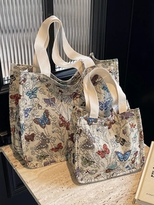 Women Butterfly Printed Canvas Tote Bag Large Capacity Vintage Jacquard Commuting Shoulder Bag Aesthetic Floral Shopping Handbag