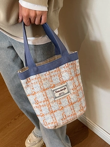 Women Fashion Woven Cotton Linen Checkered Bucket Bag Small Tote Handbag Versatile Casual Storage Bag For Daily Outing