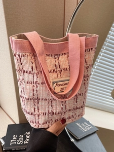 Pink and white plaid tweed bucket bag with soft fabric handles for women's daily fashion
