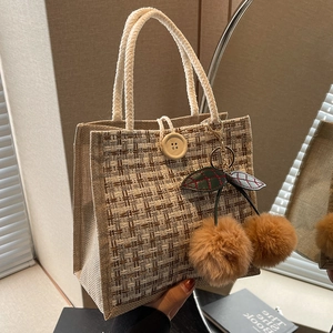 Women Vintage Woven Linen Tote Bag Fashion Plaid Pattern Handheld Bento Lunch Box Bag With Cherry Plush Charm Small Shoulder Bag