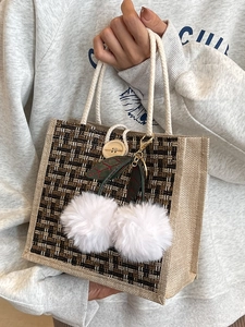 Sac à lunch élégant en lin tissé avec pompons blancs et charm de feuille pour femmes