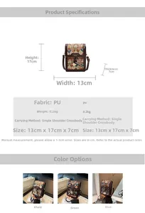 Size details of the geometric pattern PU leather crossbody bag in khaki, green, and blue