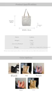 Detailed size specifications for canvas tote bag with 36x40x6cm dimensions and color options