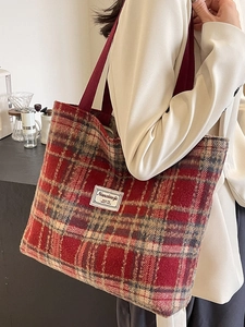 Sac cabas à carreaux rouges en laine pour femme avec bandoulières pour le quotidien
