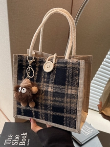 Women Vintage Plaid Linen Shoulder Bag Business Casual Patchwork Handbag With Plush Monster Charm Small Commuter Tote Bag