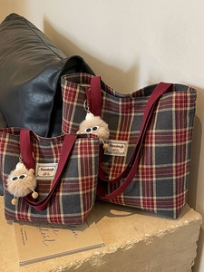 Retro vintage checkered canvas tote bag set with red straps and plush charm accessory