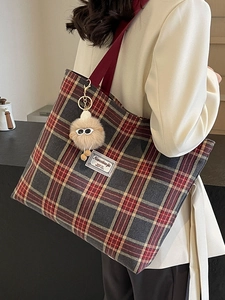 British style red plaid canvas tote bag with shoulder strap and plush charm