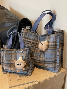 Blue and brown plaid wool tote bag with cute plush monster charm in two sizes