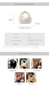 Detail view of plush crossbody bag measuring 23x15x11cm with adjustable shoulder strap