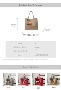 Detailed size specifications for a linen tote bag with a cherry plush pendant