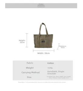 Detailed dimensions of the large striped canvas tote bag with size markers in centimeters
