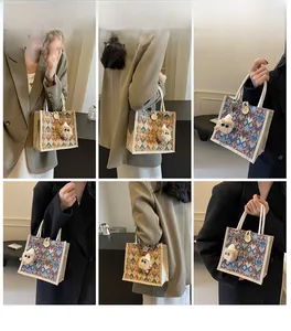 Detailed views of vintage geometric pattern linen handbags with braided rope handles and charms