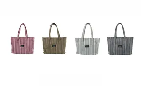 Detailed color display of large striped canvas tote bags in four varied color schemes