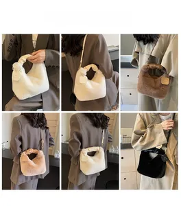 Collage of plush faux fur underarm bags in various colors with pleated leather handles