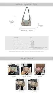 Size chart and specifications for baguette bag showing 24x15x6cm PU leather bag details