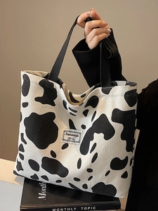 Sac Fourre-Tout en Velours Côtelé à Imprimé Vache pour Femmes Grande Capacité Sac à Bandoulière Décontracté pour École