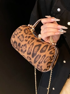 Fashion leopard print handbag with rhinestone handle and gold chain shoulder strap