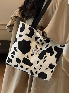 Grand sac cabas en velours côtelé imprimé vache avec double anse pour femme