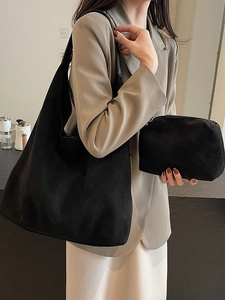 Minimalist black suede large tote bag with matching zipper pouch for women
